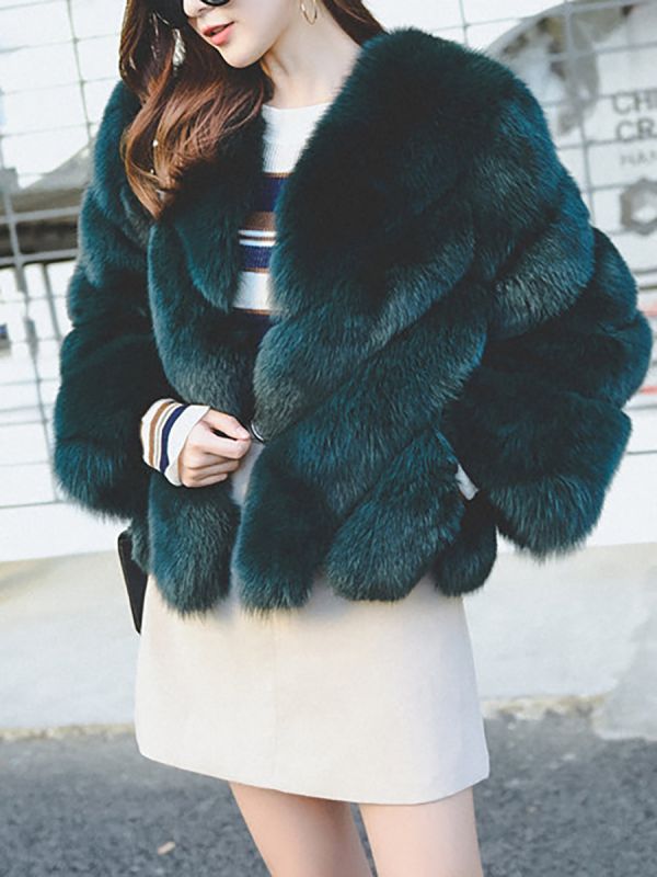 Casual Long Sleeve Shift Crew Neck Fur and Shearling Coat