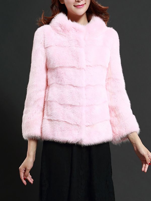 Pink Solid Stand Collar Buttoned Fluffy  Fur and Shearling Coat