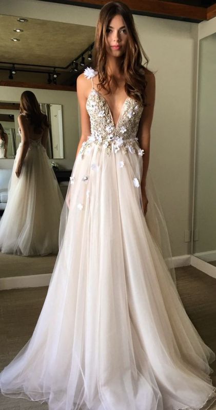 Glamorous Sleeveless Appliques A-line V-Neck Prom Dress | Delicate Prom Dress