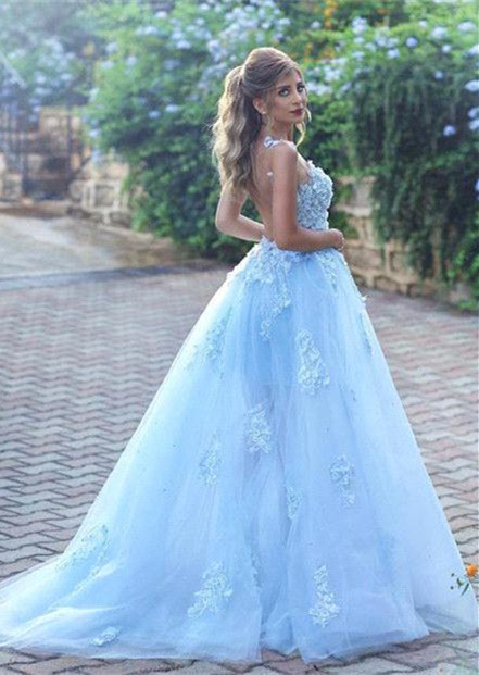 Delicate Blue Lace Appliques A-line Open Back Prom Dress