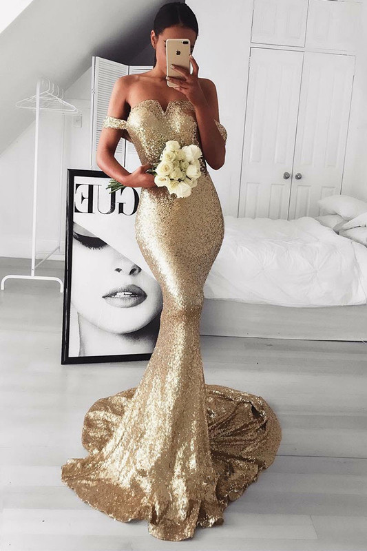 Gold SequinsProm Dress | Mermaid Off-the-Shoulder Evening Gowns BA9499