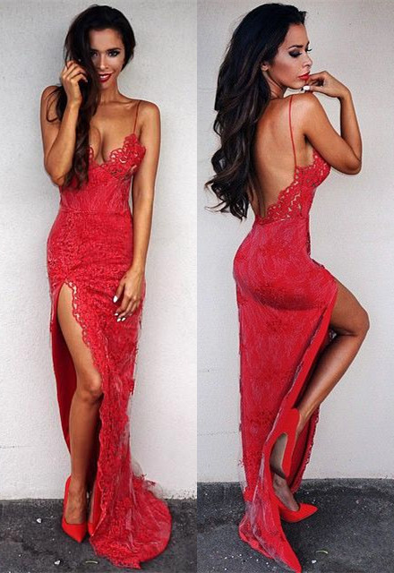 Sexy Red Lace TightProm Dress Front Split Floor Length