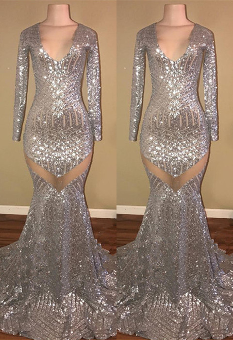 Long Sleeve Sequins Prom Dresses  |Mermaid V-Neck Evening Gowns