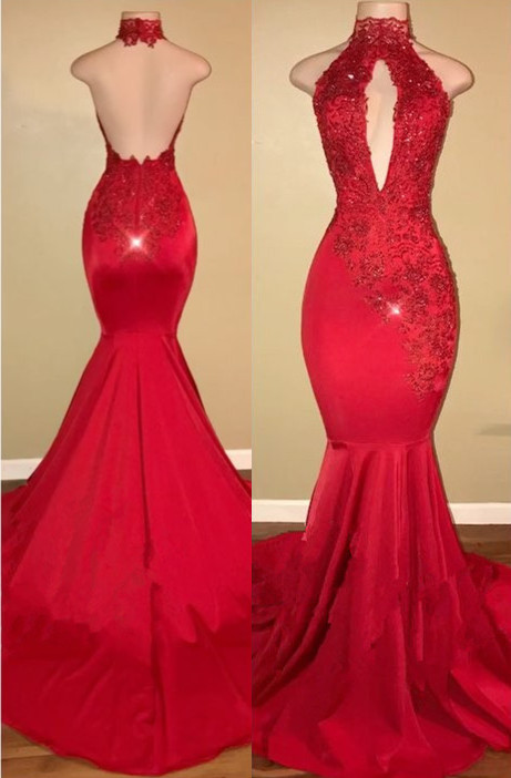Red High Neck Lace Open Back Mermaid Prom Dresses  BA7768