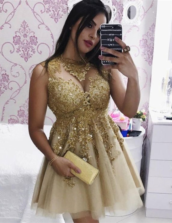 Delicate Gold Lace Beads Short Homecoming Dress | Sleeveless Cocktail Dress