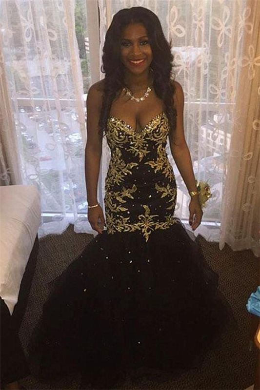 Black Beaded Mermaid Gold Sweetheart Sexy Popular Tulle Appliques Prom Dresses