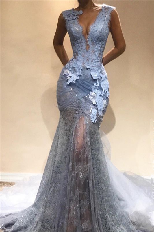 Lace Appliques See Through Mermaid Lace Prom Dress  | Sleeveless Sexy Long Formal Dresses