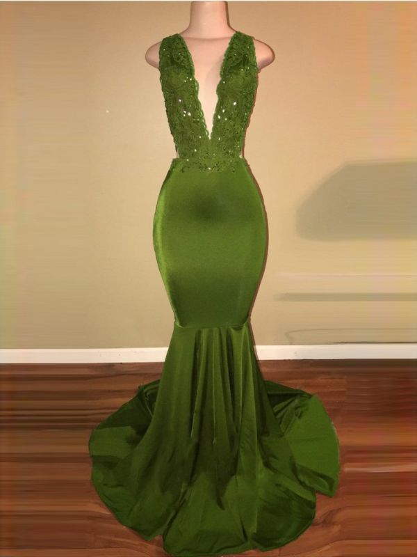 Criss-Cross Sexy Straps Beaded Mermaid Appliques Sleeveless Green Lace Elegant V-Neck Long Prom Dresses  BA7993