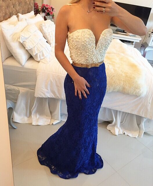 royal blue and white gown