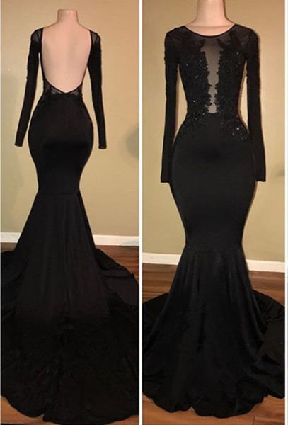 Sexy Black MermaidProm Dress Long Sleeve With Lace Appliques BA7880