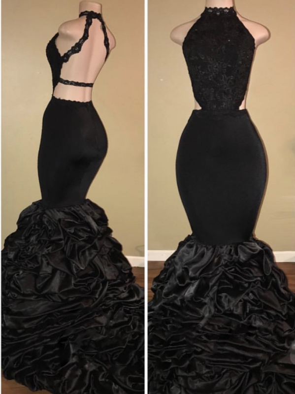 Vestidos de noche negros recogidos de la sirena del cuello alto del halter