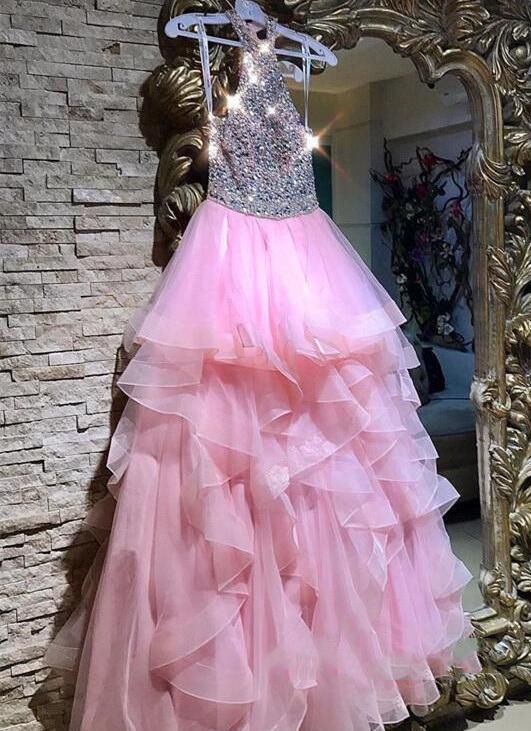 Modest A-Line Crystals Prom Dress | 2021 Ruffled Floor-length Evening Gown