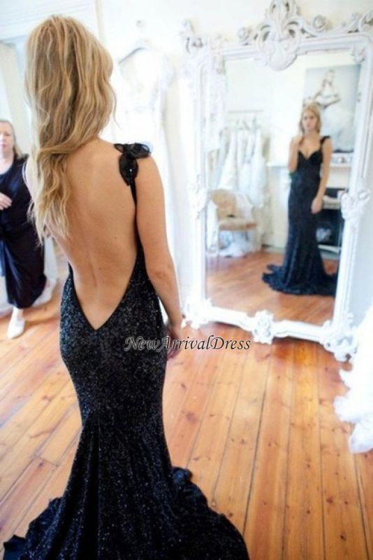 Sleeveless Black Mermaid Sequined Modern Straps Sweep-Train Prom Dress
