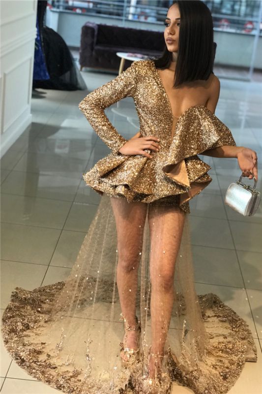 Une manche d'or paillettes robes de bal pas cher 2021 | Tulle Appliques Robes de Soirée Sexy BA9830