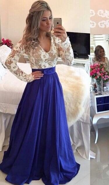 Lace Long Sleeves Prom Dresses V Neck Sheer Open Back Beaded Evening Gowns BT00