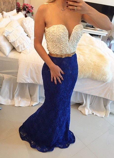 Pearls Top Lace MermaidProm Dresses White and Royal Blue Long Formal Evening Gowns BT00
