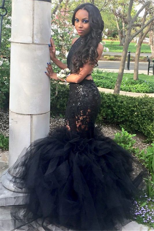 Mermaid Ruffles Lace Backless Tulle Sexy Black Prom Dress