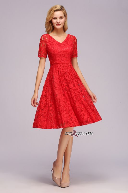 Elegant V-neck Short Sleeves Lace Dresses with Bow Sash