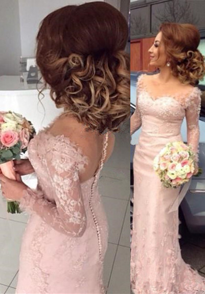 Long-Sleeve Pink Sheer Appliques Sheath Buttons Lace Bridesmaid Dress
