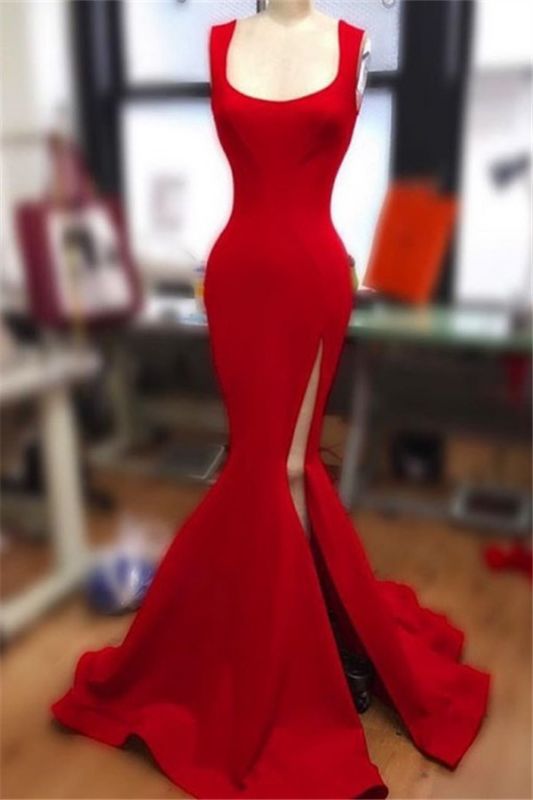 Straps Mermaid Red Long Prom Dresses   for Juniors | Square Neckline Sleeveless Evening Gowns with Slit