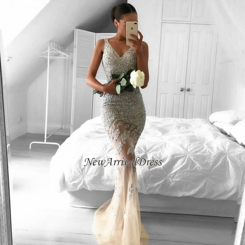 Straps Mermaid Lace-Appliques Gorgeous Sleeveless Beads Tulle Evening Dress EM0