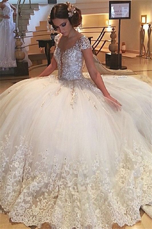 Cap Sleeves Gorgeous Tulle Ball Gown Wedding Dresses | Crystals Beaded Lace Appliques Bridal Gowns