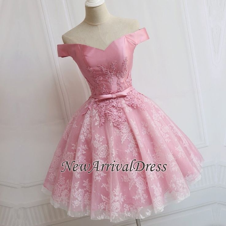 Off The Shoulder Custom Made A-line Appliques Bowknot Pink Elegant Sexy Short Homecoming Dresses