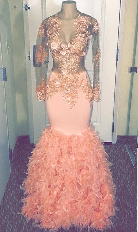 Coral Pink Mermaid Long Sleeve Long Prom Dresses   | Sheer Tulle Appliques Ruffles Formal Dresses