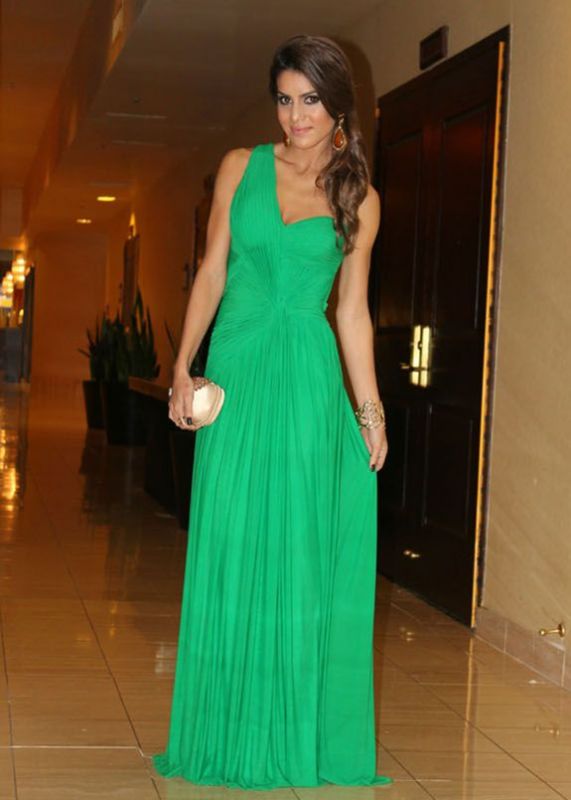 Ruched Chiffon Green One-shoulder Prom Dresses Formal Long Evening Gowns