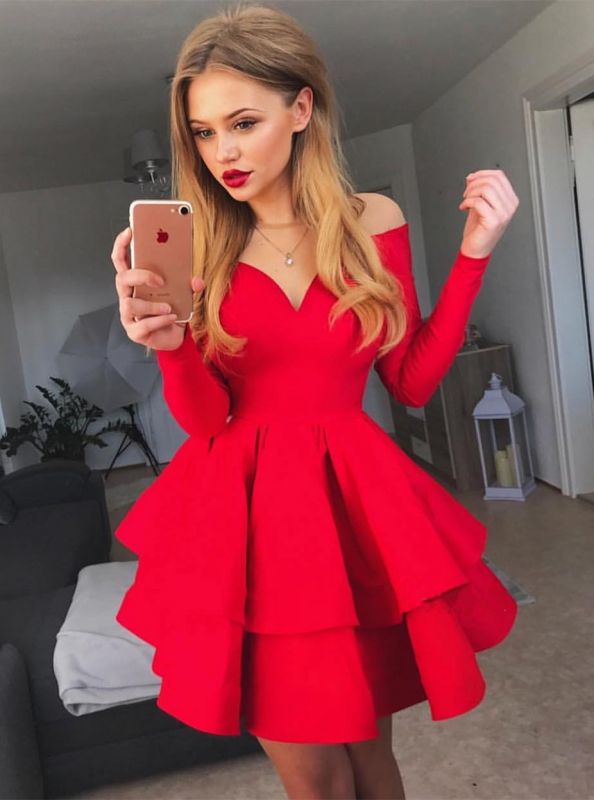 Delicate Red Long Sleeve Ruffled Homecoming Dress | Off-the-shoulder Short Dress