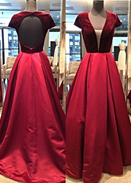 Modern Short Sleeve V-neck Custom Made A-line Burgundy Prom Dresses