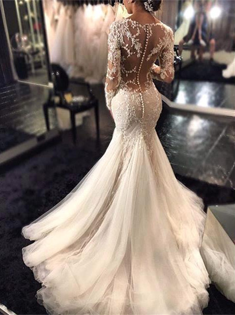 Sexy Mermaid Beading V-Neck See Through Lace Long Sleeve Wedding Dresses