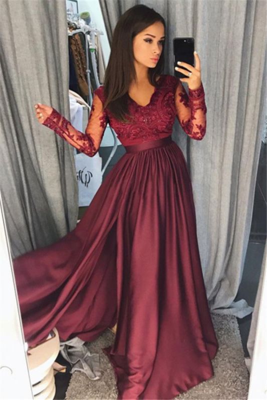 Robe de bal en dentelle bordeaux à manches longues pas cher | Robe de soirée formelle à encolure en V avec fente FB0205