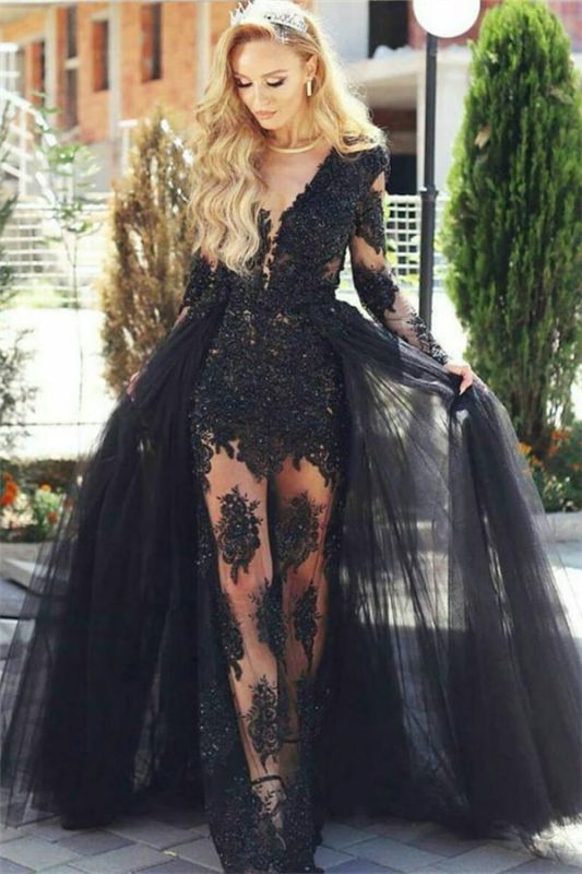 Glamorous Black Tulle Lace Prom Dresses Online | Long Sleeve Formal Gowns with Detachable Skirt BA7963