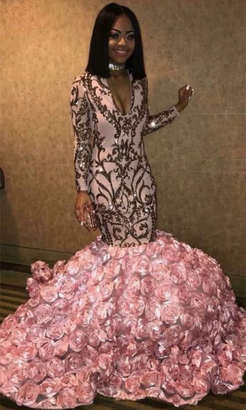 V-neck Long Sleeve Pink Flowers Prom Dresses  |  Mermaid Appliques Long Evening Dress bc1363