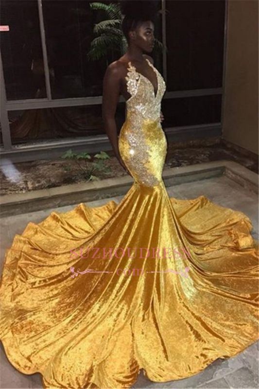Backless Sexy Mermaid Prom Dresses Long | Sleeveless Gold  Formal Dress with Appliques