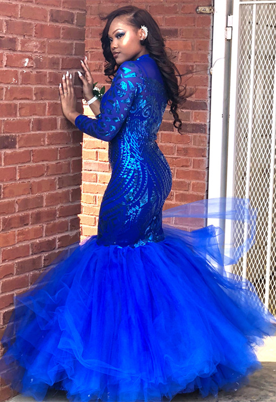 Royal-Blue Mermaid Prom Dress | Long Sleeve Sequins Party Gowns BK0