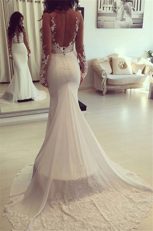 Elegant Mermaid Sheer Custom Made Long Sleeve Wedding Dresses
