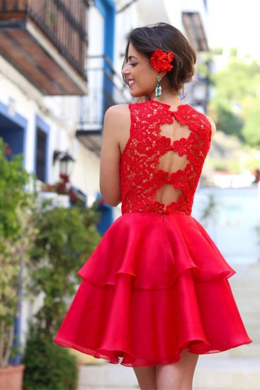 Modern Red LaceHomecoming Dress Layered Short Prom Dress