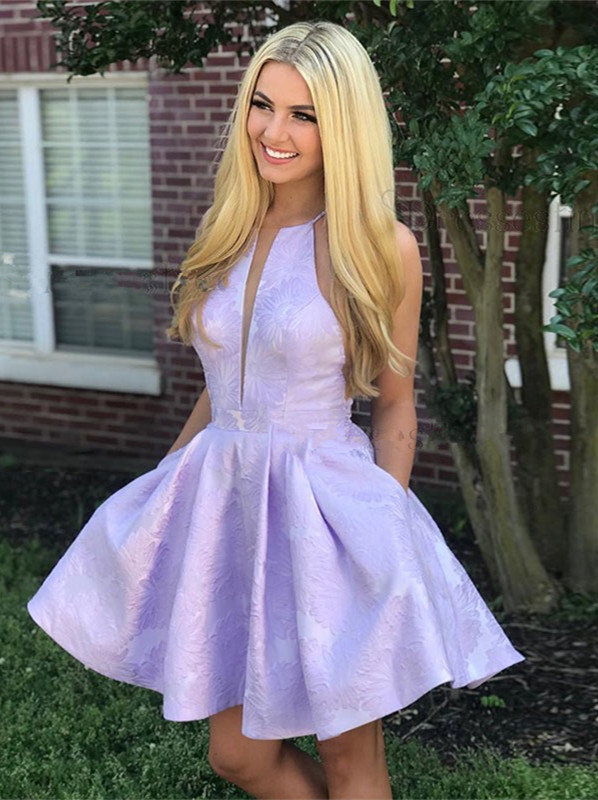 Cute Lace Lavender V-neck Sleeveless Short A-line Homecoming Dress