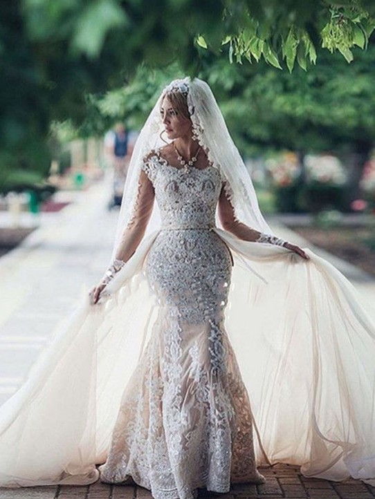 Elegant Cheap Mermaid Long Sleeve Lace Wedding Dresses | Elegant Lace Appliques Detachable Skirt Bridal Gowns
