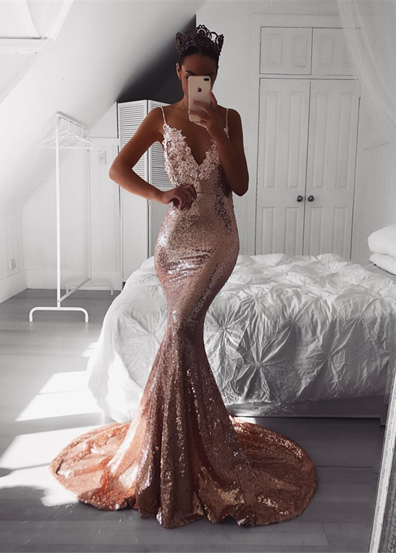 Elegant V-Neck Spaghetti-Straps Prom Dress |Sequins Mermaid Evening Gowns BA9810