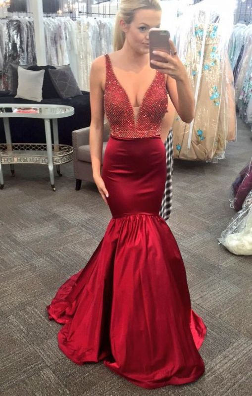 Modest Straps Red Sleeveless Mermaid Beading Prom Dress