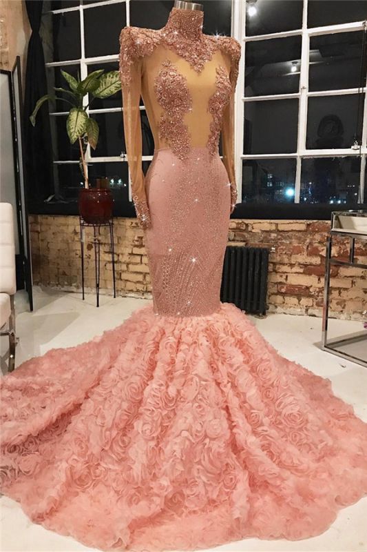 Long Sleeve Long Prom Dresses  for Juniors Online | Mermaid Lace Appliques Pink Formal Dresses BC1133