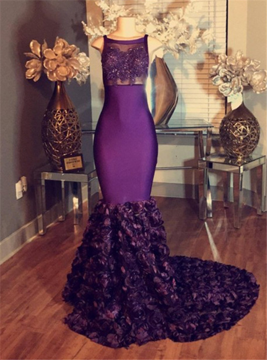 Lace Appliques Sleeveless Purple Mermaid Prom Dresses with Flowers Train