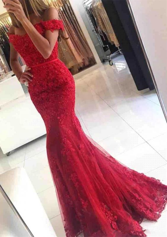 Red Off-the-shoulder Lace Appliques Mermaid Glamorous Evening Dress