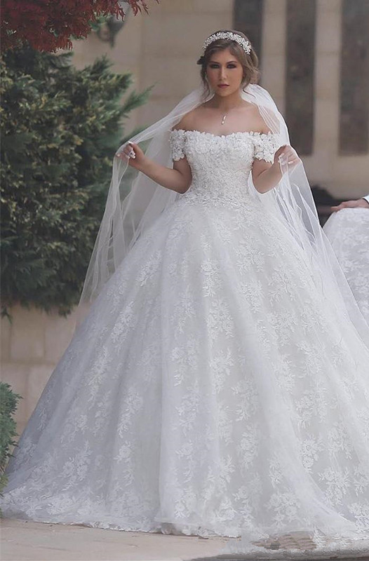 Arabic Off The Shoulder Sweetheart Lace-Up-Back Custom Made Ball Gown Wedding Dresses