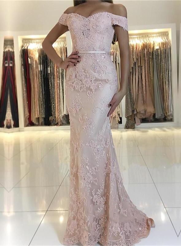 Charming Mermaid Lace Prom Dresses | 2021 Off-the-Shoulder Floor-Length Evening Gowns