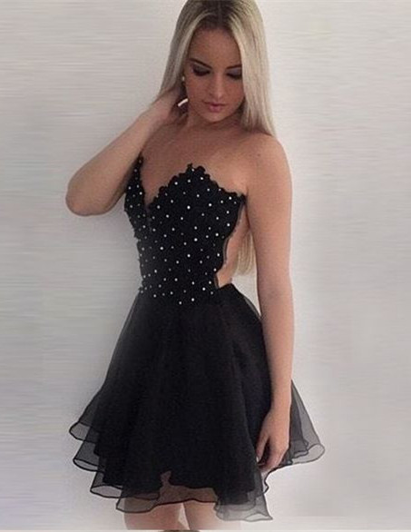 Delicate Black Backless Beads Short Homecoming Dress |Mini Cocktail Dress