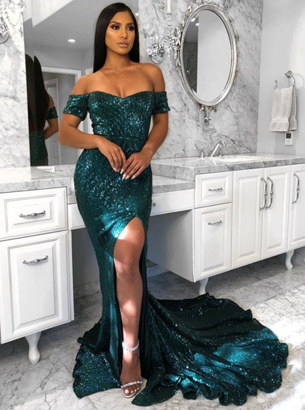 Green Short Sleeve Prom Dress |Sequins Evening Gowns With Split